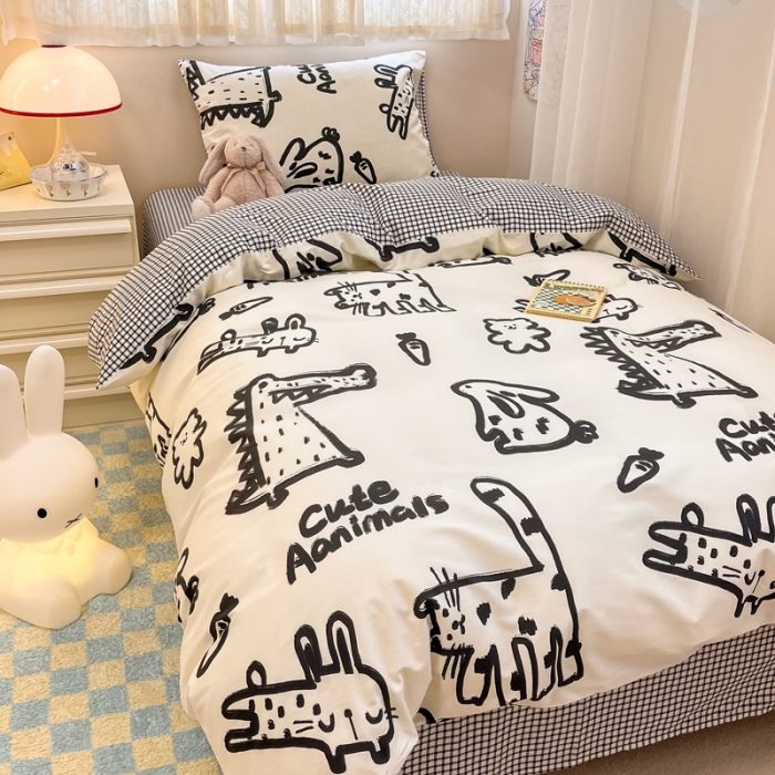 91家纺网 家纺一手货源 找家纺 简宜13070纯棉全棉40支斜纹卡通小清新学生床三件套四件套 简笔画