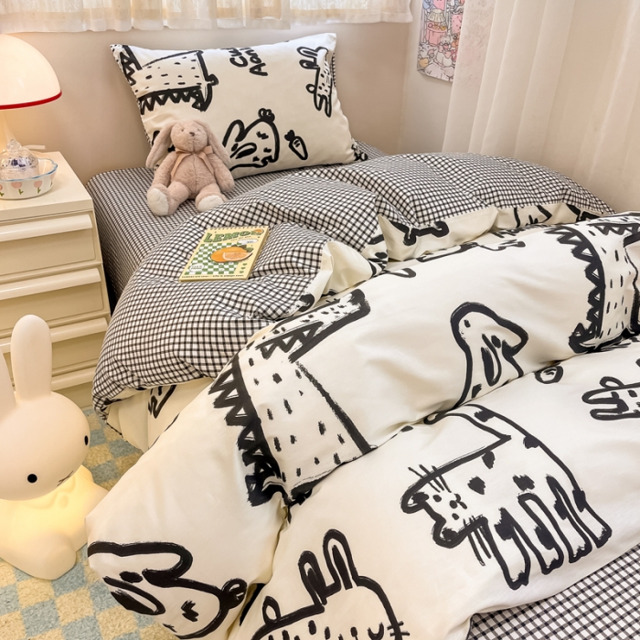 91家纺网 家纺一手货源 找家纺 简宜13070纯棉全棉40支斜纹卡通小清新学生床三件套四件套 简笔画