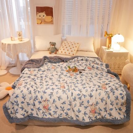 91家纺网 家纺一手货源 找家纺 蓝冰家纺 2023新款针织印花毛毯 树叶小兔