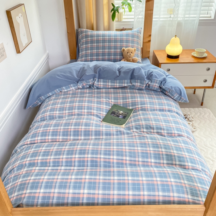 91家纺网 家纺一手货源 找家纺 吉象 2025新款色织学生水洗棉上下铺三件套 初晴蓝