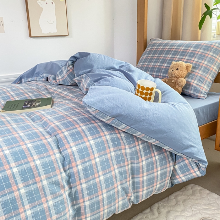 91家纺网 家纺一手货源 找家纺 吉象 2025新款色织学生水洗棉上下铺三件套 初晴蓝