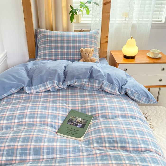 91家纺网 家纺一手货源 找家纺 吉象 2025新款色织学生水洗棉上下铺三件套 初晴蓝