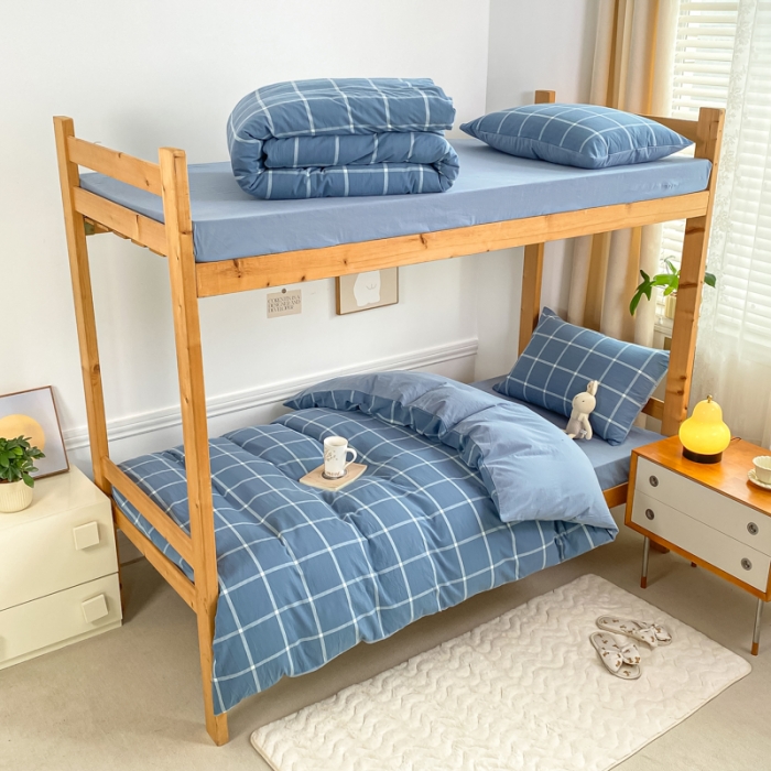 91家纺网 家纺一手货源 找家纺 吉象 2025新款色织学生水洗棉上下铺三件套 大蓝格