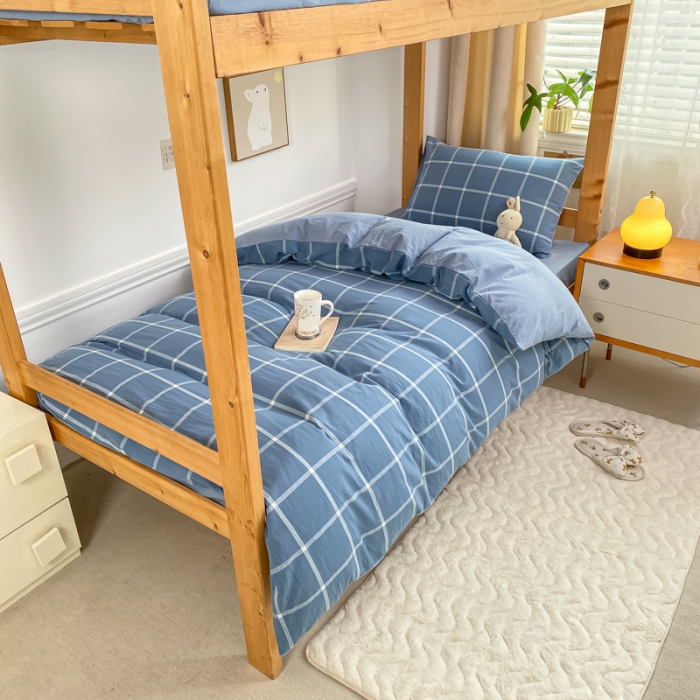 91家纺网 家纺一手货源 找家纺 吉象 2025新款色织学生水洗棉上下铺三件套 大蓝格