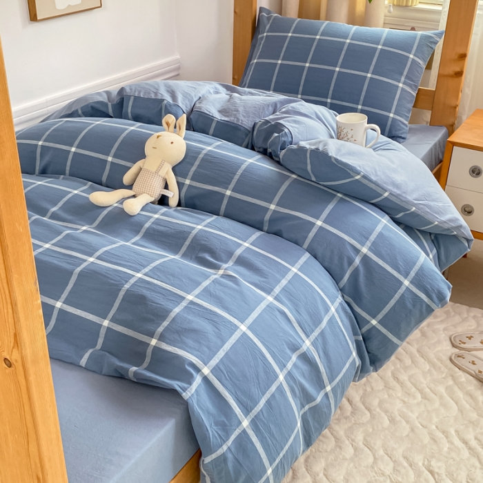 91家纺网 家纺一手货源 找家纺 吉象 2025新款色织学生水洗棉上下铺三件套 大蓝格