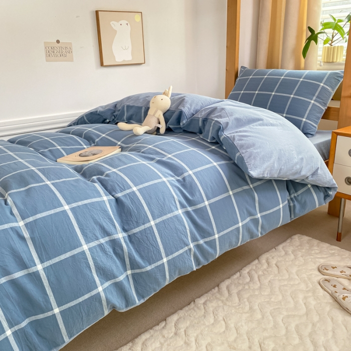 91家纺网 家纺一手货源 找家纺 吉象 2025新款色织学生水洗棉上下铺三件套 大蓝格