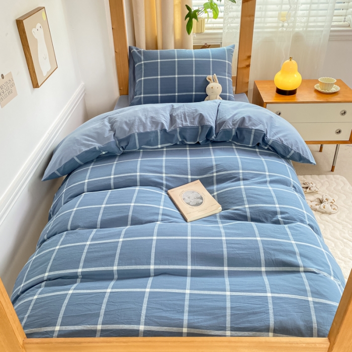 91家纺网 家纺一手货源 找家纺 吉象 2025新款色织学生水洗棉上下铺三件套 大蓝格