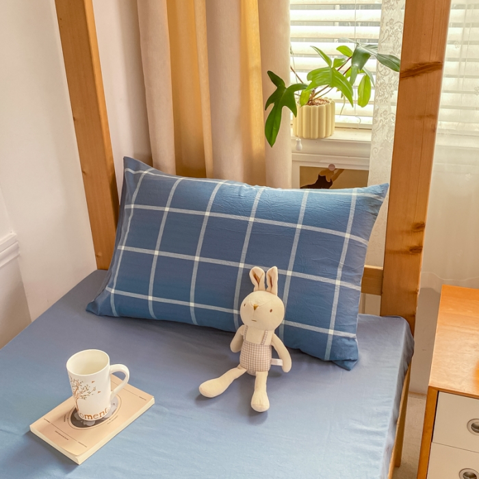 91家纺网 家纺一手货源 找家纺 吉象 2025新款色织学生水洗棉上下铺三件套 大蓝格