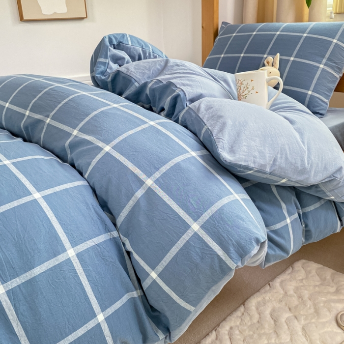 91家纺网 家纺一手货源 找家纺 吉象 2025新款色织学生水洗棉上下铺三件套 大蓝格