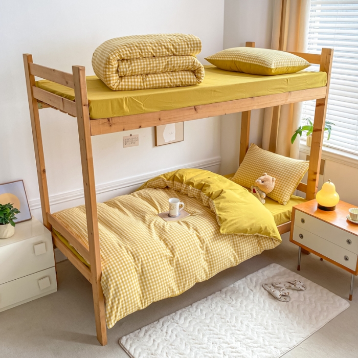 91家纺网 家纺一手货源 找家纺 吉象 2025新款色织学生水洗棉上下铺三件套 黄小格