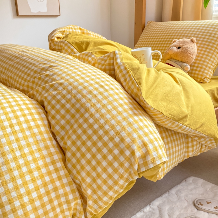 91家纺网 家纺一手货源 找家纺 吉象 2025新款色织学生水洗棉上下铺三件套 黄小格