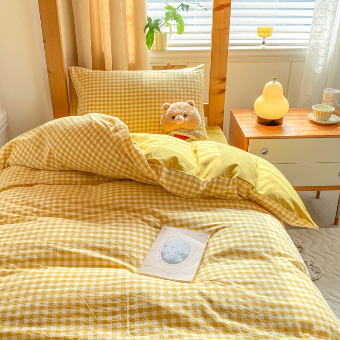 91家纺网 家纺一手货源 找家纺 吉象 2025新款色织学生水洗棉上下铺三件套 黄小格