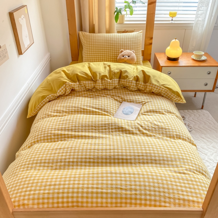 91家纺网 家纺一手货源 找家纺 吉象 2025新款色织学生水洗棉上下铺三件套 黄小格