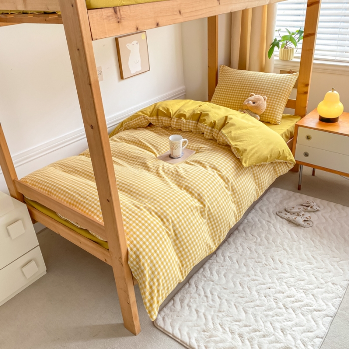 91家纺网 家纺一手货源 找家纺 吉象 2025新款色织学生水洗棉上下铺三件套 黄小格