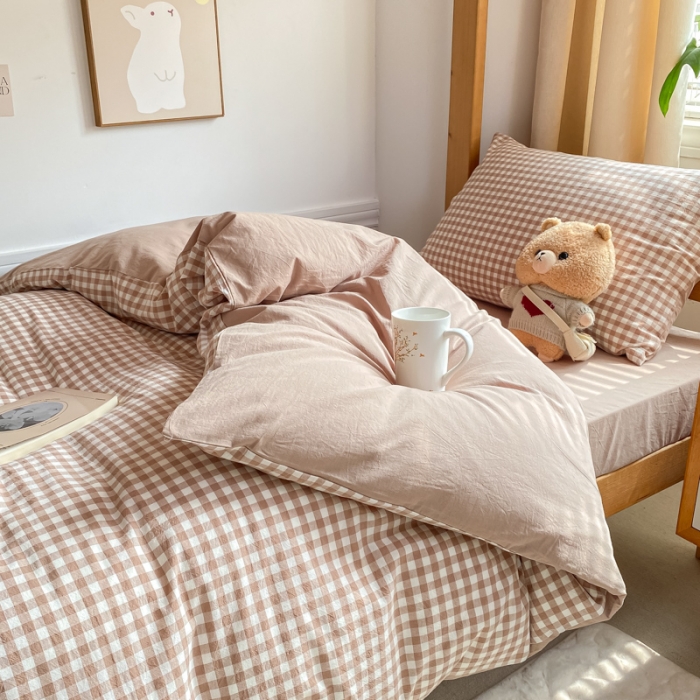 91家纺网 家纺一手货源 找家纺 吉象 2025新款色织学生水洗棉上下铺三件套 咖小格