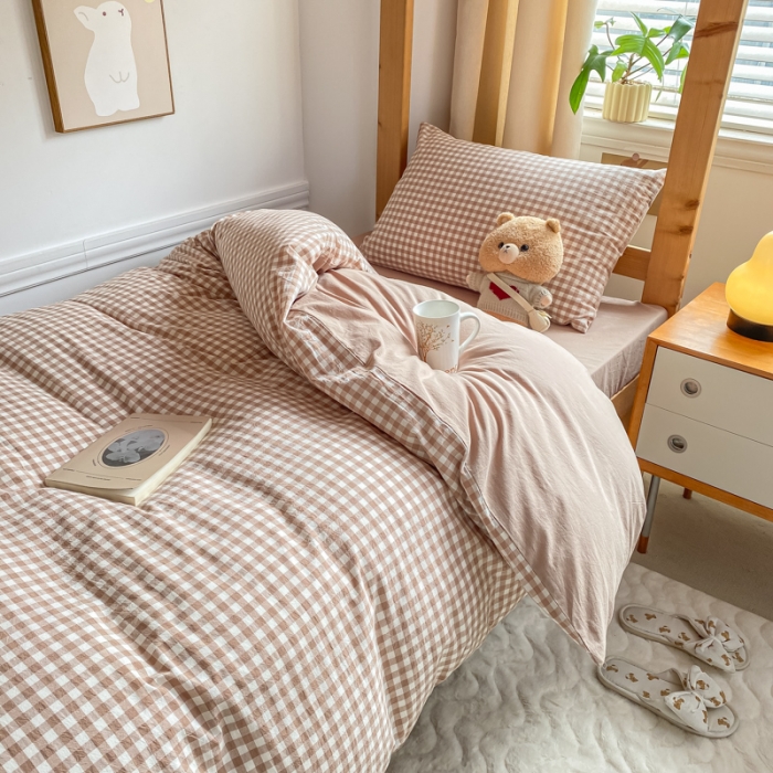 91家纺网 家纺一手货源 找家纺 吉象 2025新款色织学生水洗棉上下铺三件套 咖小格