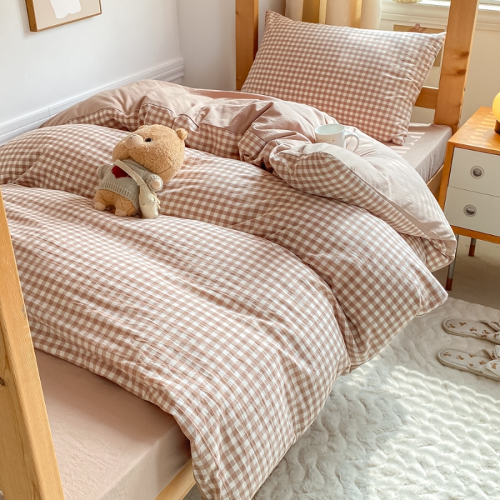 91家纺网 家纺一手货源 找家纺 吉象 2025新款色织学生水洗棉上下铺三件套 咖小格