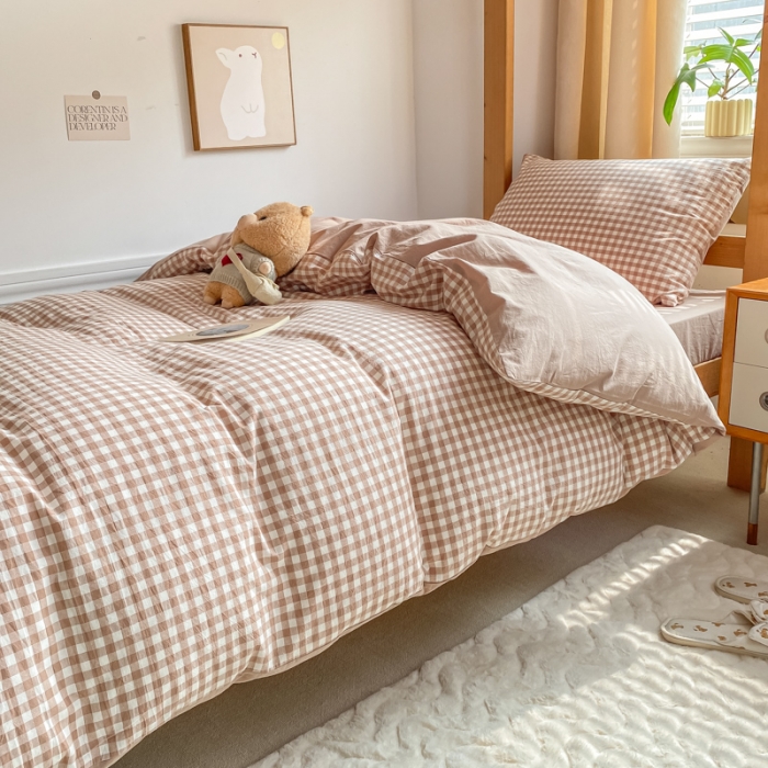 91家纺网 家纺一手货源 找家纺 吉象 2025新款色织学生水洗棉上下铺三件套 咖小格