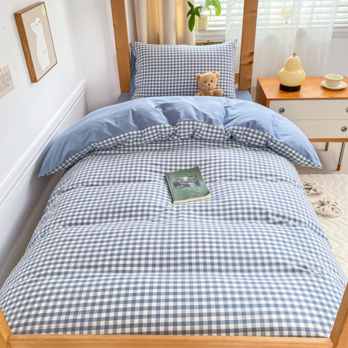 91家纺网 家纺一手货源 找家纺 吉象 2025新款色织学生水洗棉上下铺三件套 蓝小格