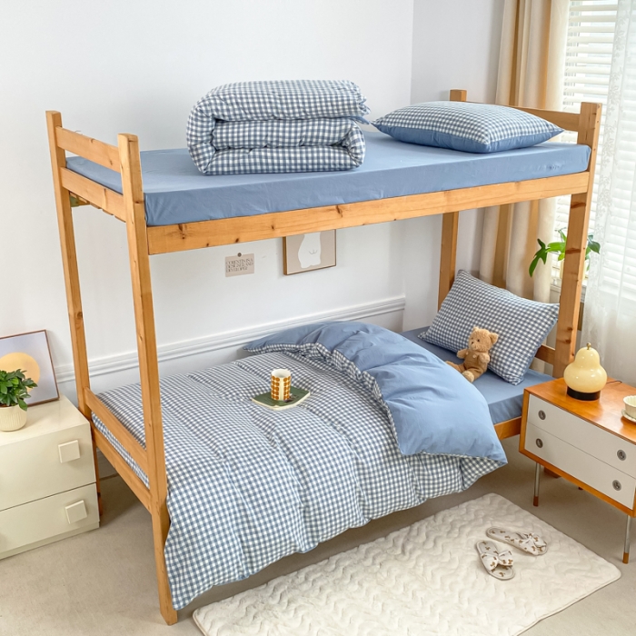 91家纺网 家纺一手货源 找家纺 吉象 2025新款色织学生水洗棉上下铺三件套 蓝小格