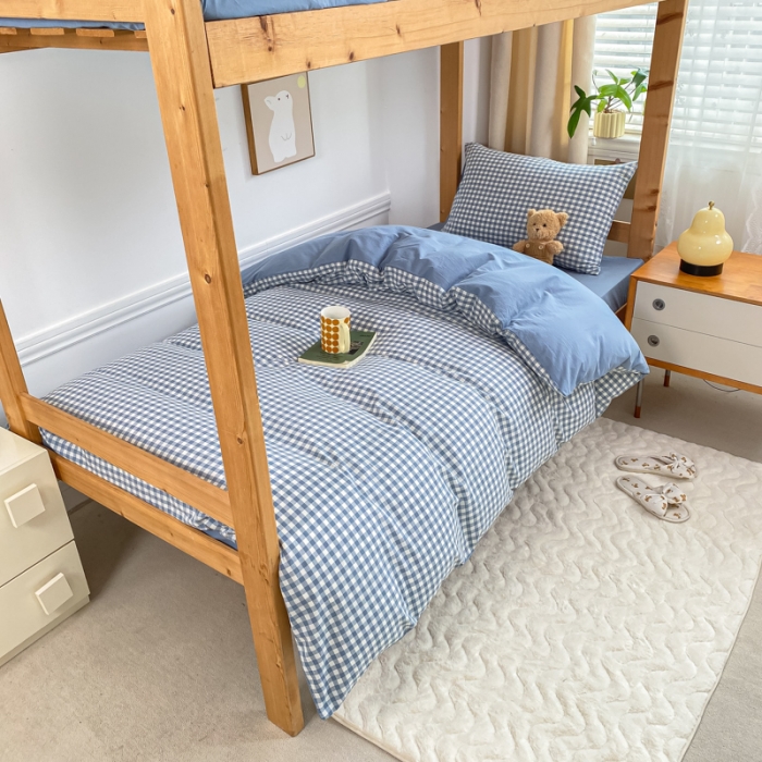 91家纺网 家纺一手货源 找家纺 吉象 2025新款色织学生水洗棉上下铺三件套 蓝小格