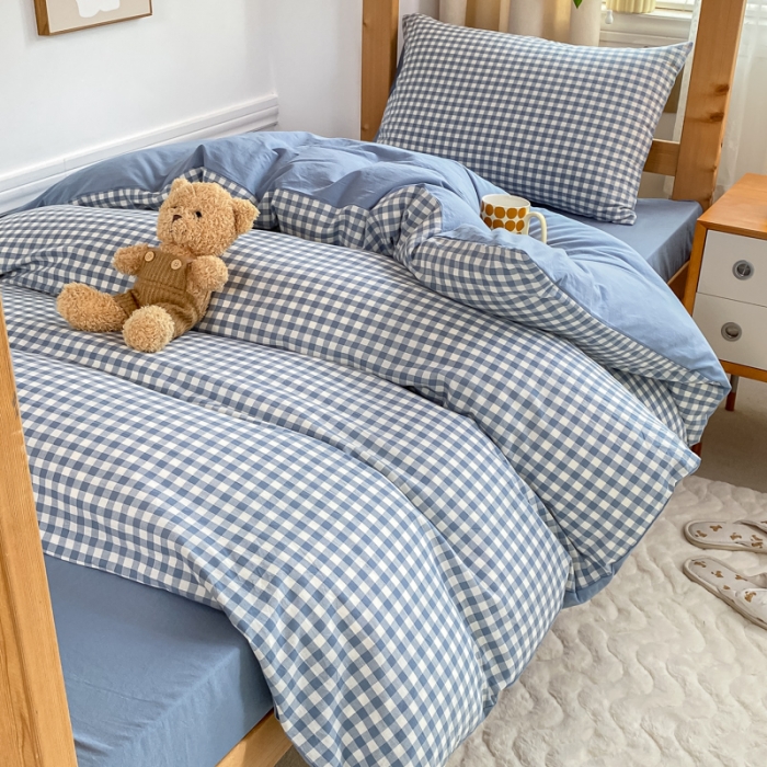 91家纺网 家纺一手货源 找家纺 吉象 2025新款色织学生水洗棉上下铺三件套 蓝小格