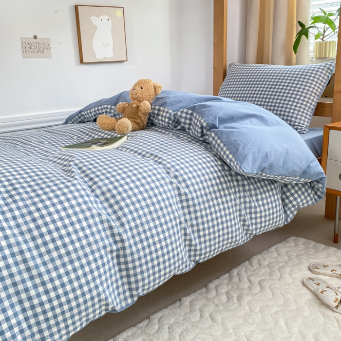 91家纺网 家纺一手货源 找家纺 吉象 2025新款色织学生水洗棉上下铺三件套 蓝小格