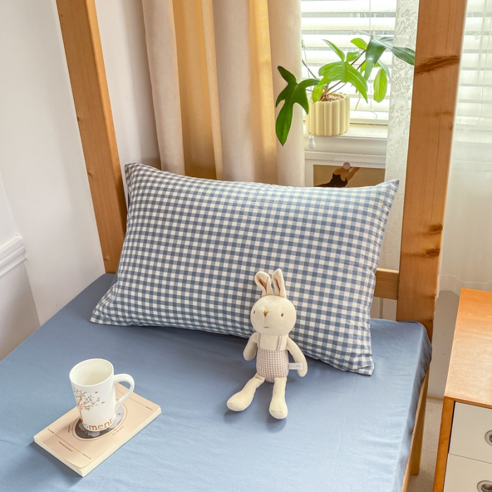 91家纺网 家纺一手货源 找家纺 吉象 2025新款色织学生水洗棉上下铺三件套 蓝小格