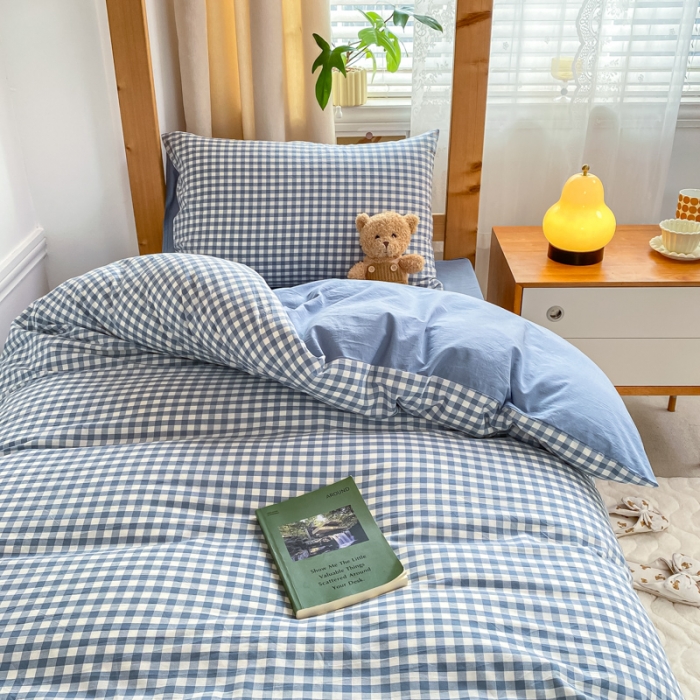 91家纺网 家纺一手货源 找家纺 吉象 2025新款色织学生水洗棉上下铺三件套 蓝小格