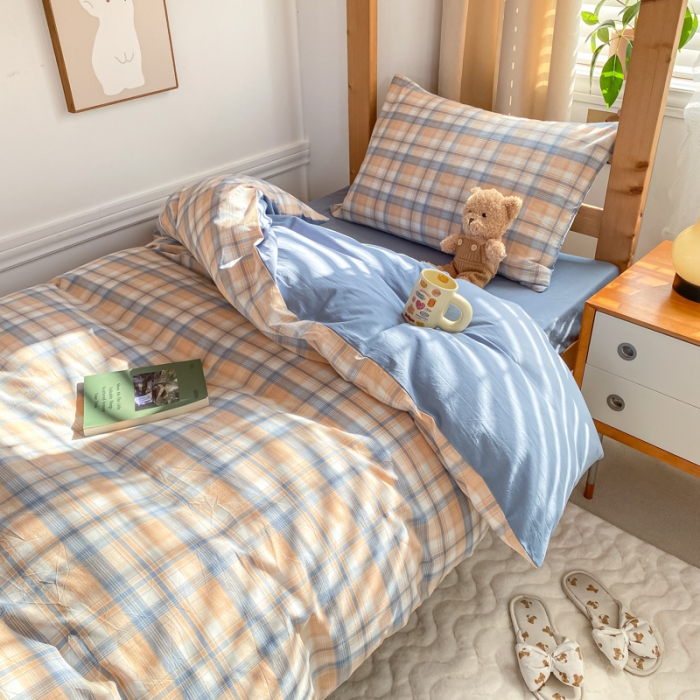 91家纺网 家纺一手货源 找家纺 吉象 2025新款色织学生水洗棉上下铺三件套 云端