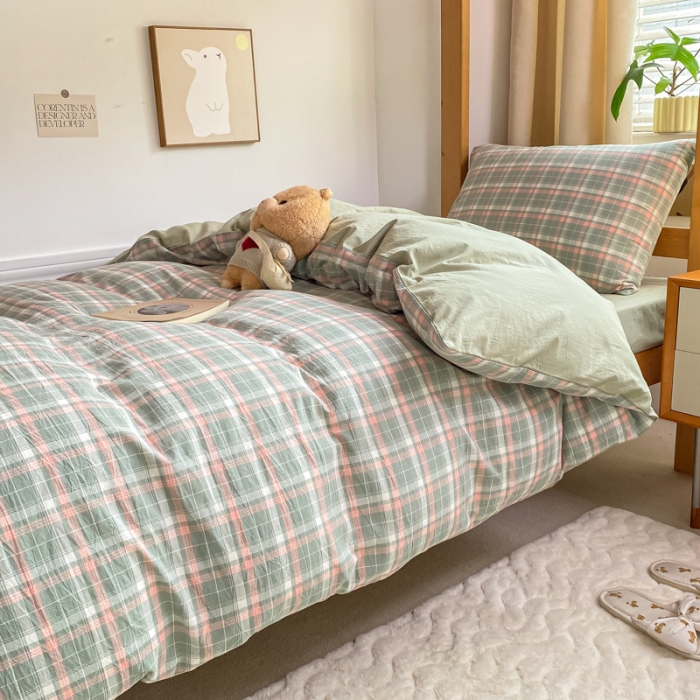 91家纺网 家纺一手货源 找家纺 吉象 2025新款色织学生水洗棉上下铺三件套 初晴绿