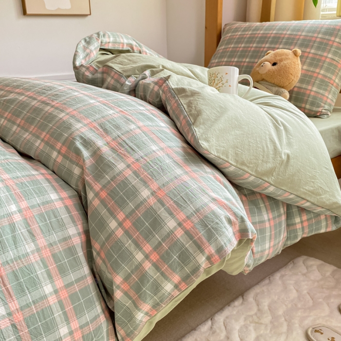 91家纺网 家纺一手货源 找家纺 吉象 2025新款色织学生水洗棉上下铺三件套 初晴绿