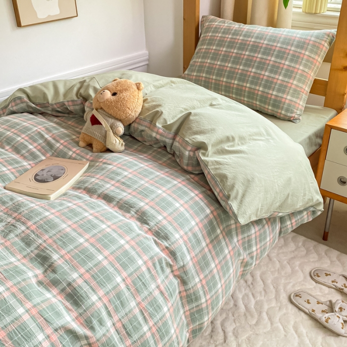 91家纺网 家纺一手货源 找家纺 吉象 2025新款色织学生水洗棉上下铺三件套 初晴绿