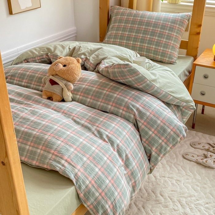 91家纺网 家纺一手货源 找家纺 吉象 2025新款色织学生水洗棉上下铺三件套 初晴绿