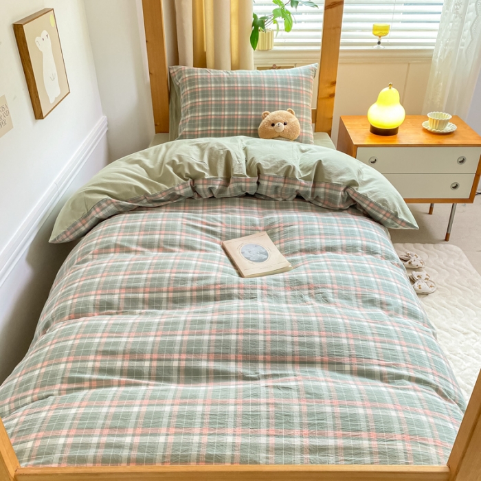 91家纺网 家纺一手货源 找家纺 吉象 2025新款色织学生水洗棉上下铺三件套 初晴绿