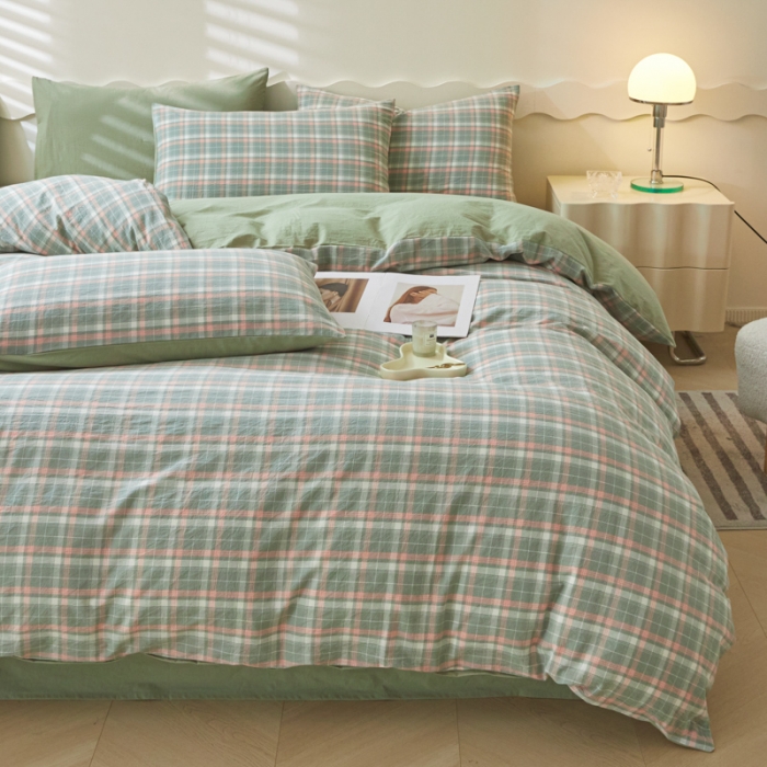 91家纺网 家纺一手货源 找家纺 吉象 2023新款全棉色织水洗棉四件套 初晴绿