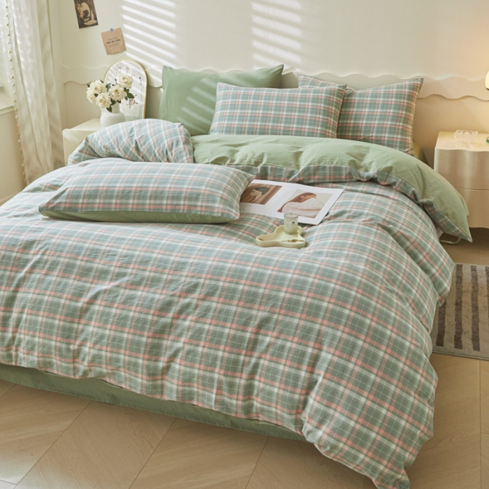 91家纺网 家纺一手货源 找家纺 吉象 2023新款全棉色织水洗棉四件套 初晴绿