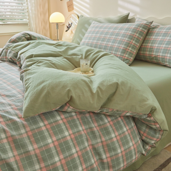 91家纺网 家纺一手货源 找家纺 吉象 2023新款全棉色织水洗棉四件套 初晴绿