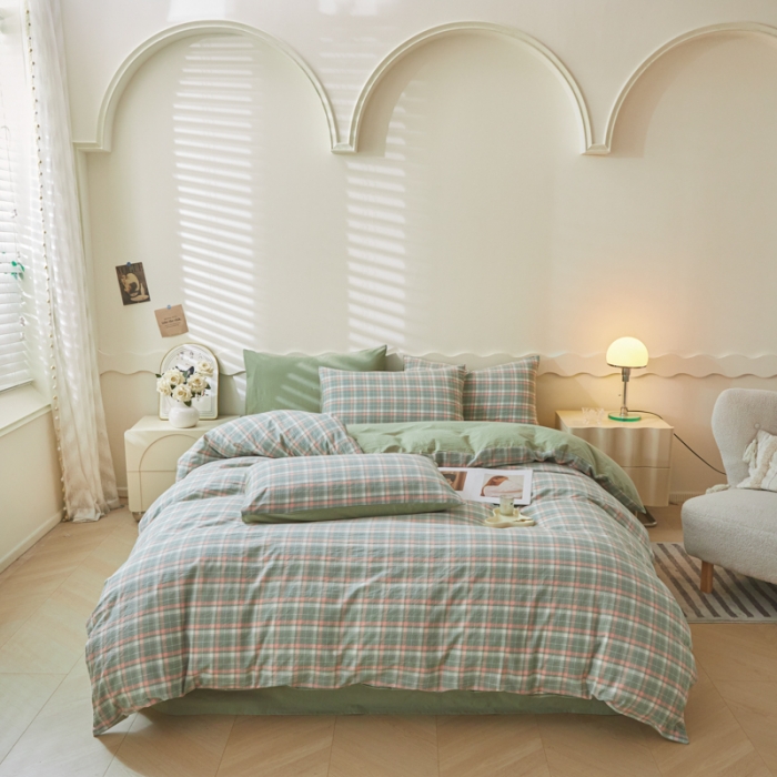 91家纺网 家纺一手货源 找家纺 吉象 2023新款全棉色织水洗棉四件套 初晴绿