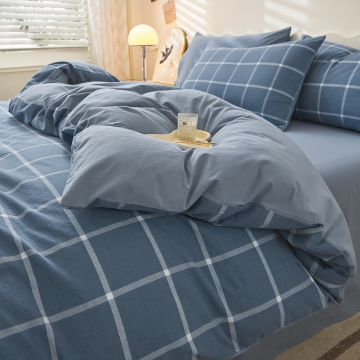 91家纺网 家纺一手货源 找家纺 吉象 2023新款全棉色织水洗棉四件套 大蓝格