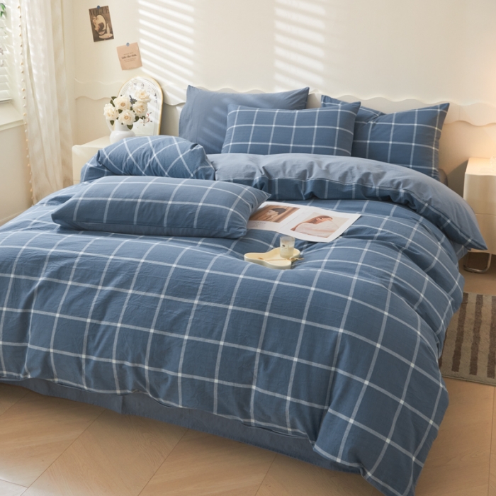 91家纺网 家纺一手货源 找家纺 吉象 2023新款全棉色织水洗棉四件套 大蓝格