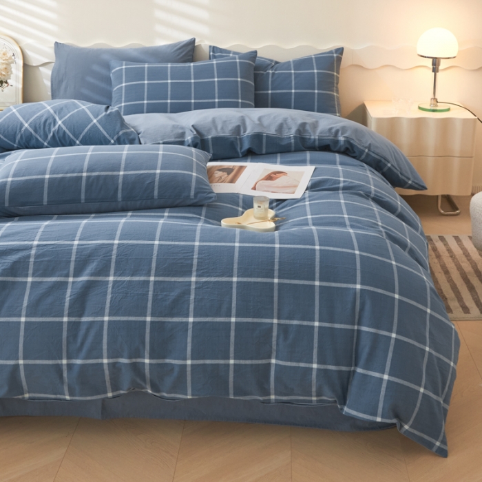 91家纺网 家纺一手货源 找家纺 吉象 2023新款全棉色织水洗棉四件套 大蓝格