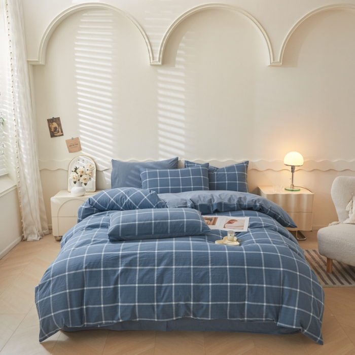 91家纺网 家纺一手货源 找家纺 吉象 2023新款全棉色织水洗棉四件套 大蓝格