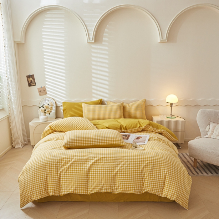 91家纺网 家纺一手货源 找家纺 吉象 2023新款全棉色织水洗棉四件套 黄小格