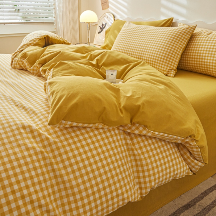 91家纺网 家纺一手货源 找家纺 吉象 2023新款全棉色织水洗棉四件套 黄小格