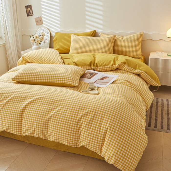 91家纺网 家纺一手货源 找家纺 吉象 2023新款全棉色织水洗棉四件套 黄小格