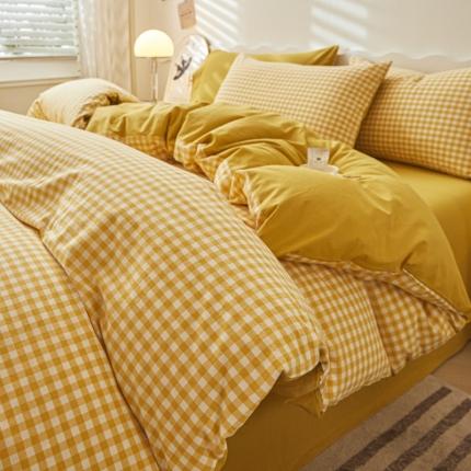 吉象 2023新款全棉色织水洗棉四件套 黄小格