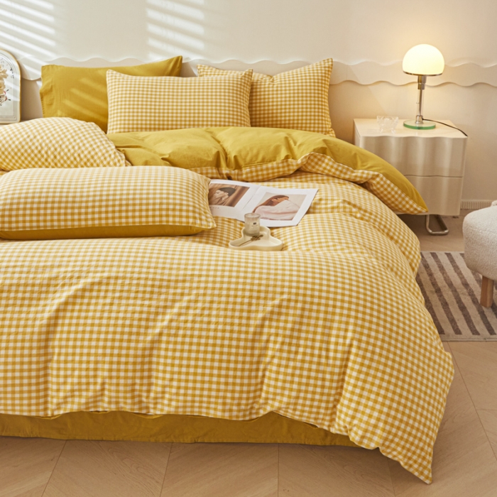 91家纺网 家纺一手货源 找家纺 吉象 2023新款全棉色织水洗棉四件套 黄小格