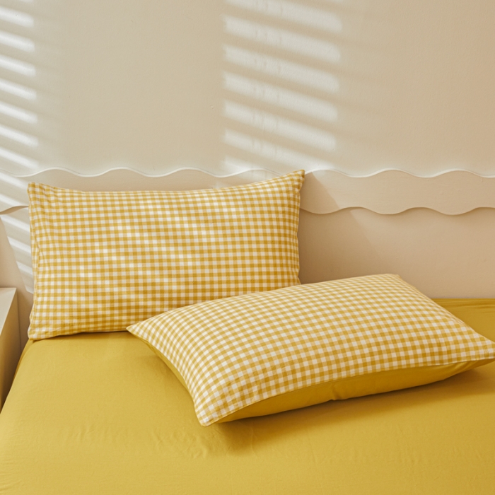 91家纺网 家纺一手货源 找家纺 吉象 2023新款全棉色织水洗棉四件套 黄小格