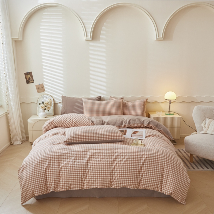 91家纺网 家纺一手货源 找家纺 吉象 2023新款全棉色织水洗棉四件套 咖小格